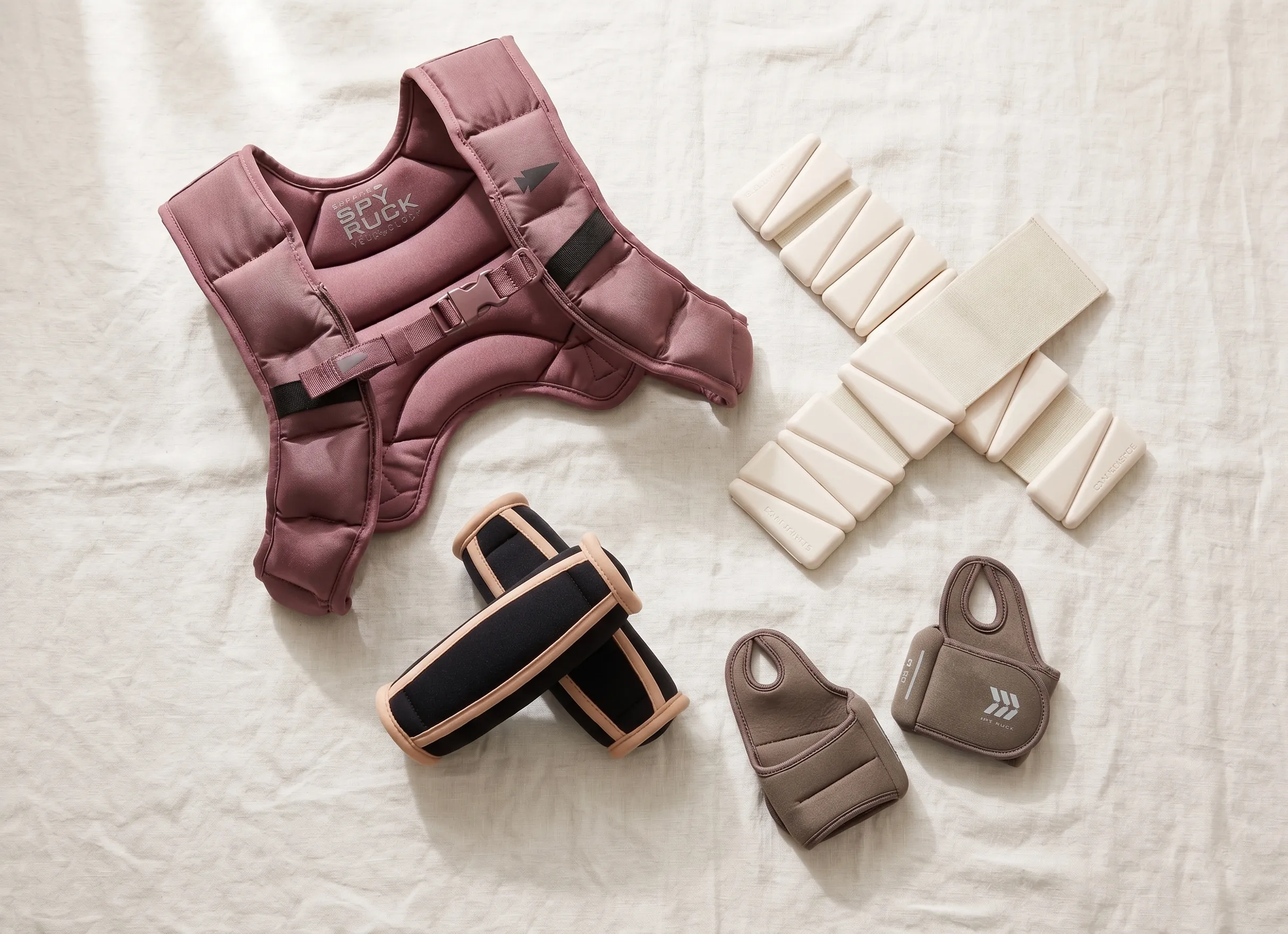 Weighted vest, ankle weights, wrist weights, and walking weight accessories laid out on a soft fabric background